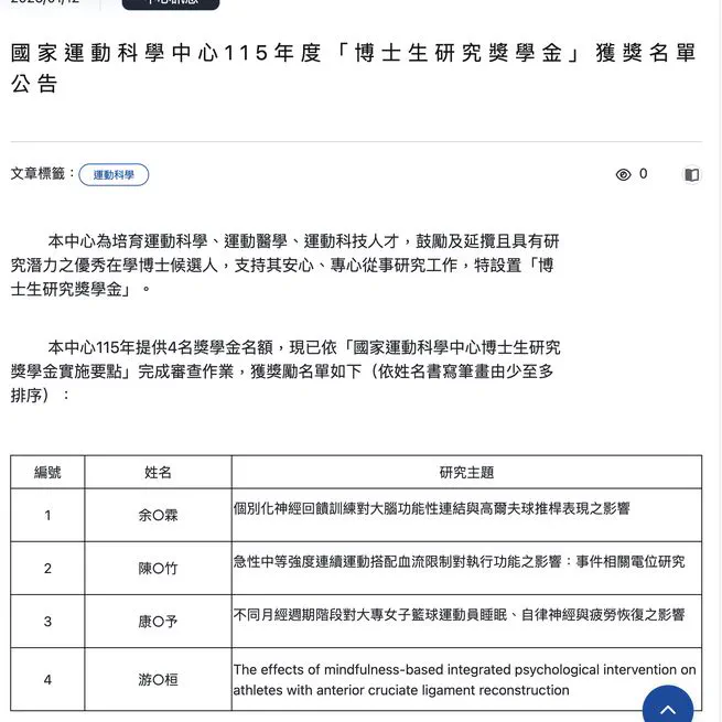 榮獲國家運動科學中心 115 年度「博士生研究獎學金」 (Recipient of the 2026 Taiwan Institute of Sports Science Doctoral Research Scholarship)