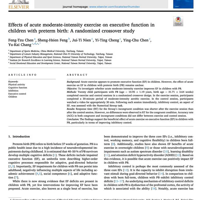 Effects of acute moderate-intensity exercise on executive function in children with preterm birth: A randomized crossover study
